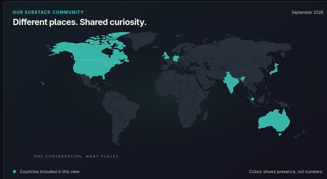 Development screenshot of a dark world map with selected countries highlighted in teal, without reader names or counts.
