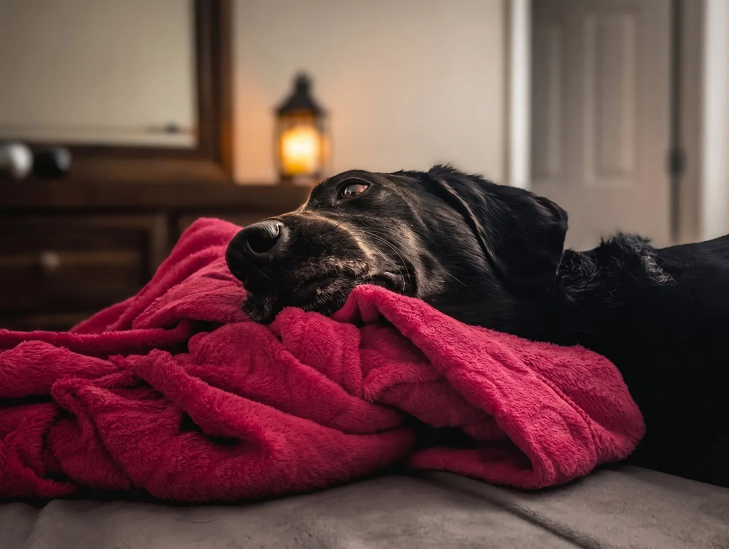 Purple, a black dog, resting on a purple blanket.